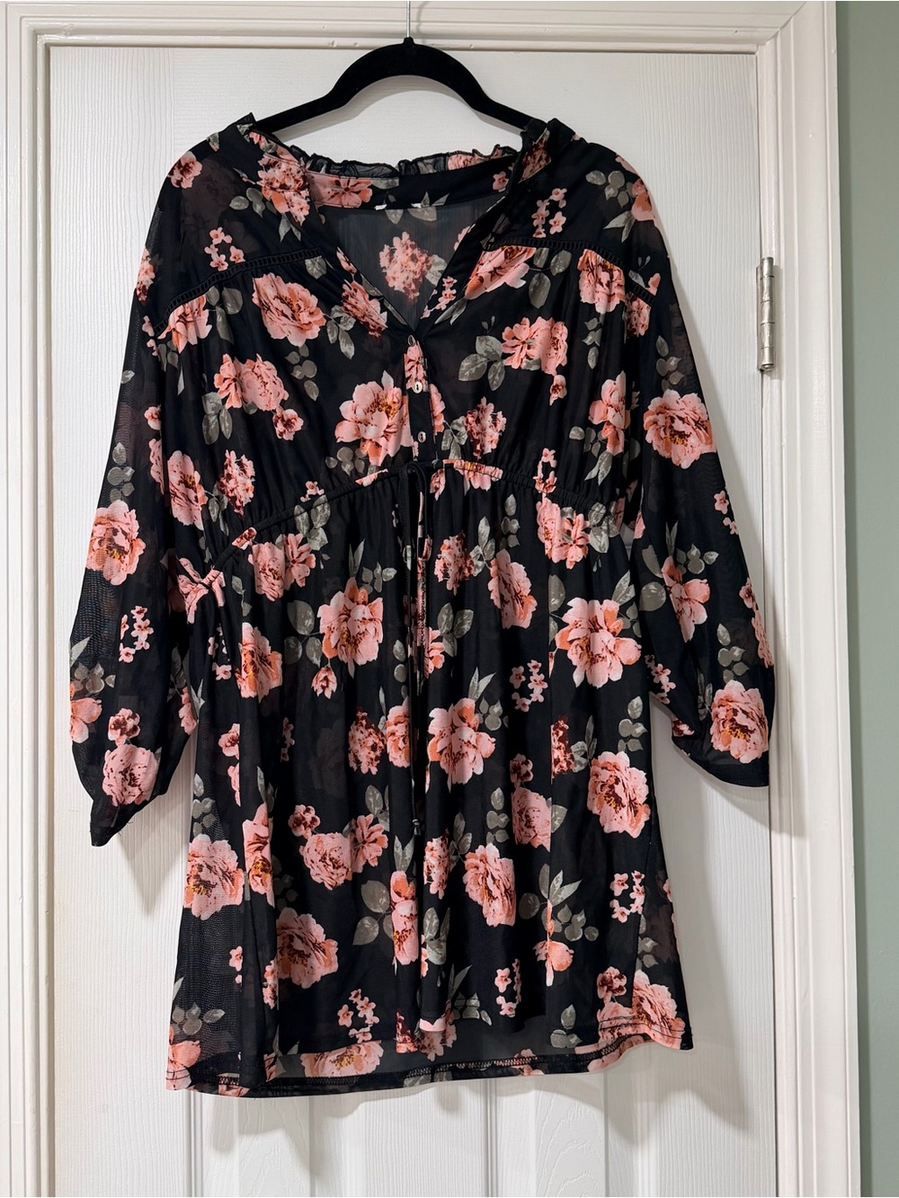 Floral V-Neck Women’s Tunic Top - Black with Pink Flowers
